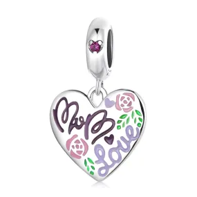 MOM Love Heart Dangle Charm 925 Sterling Silver