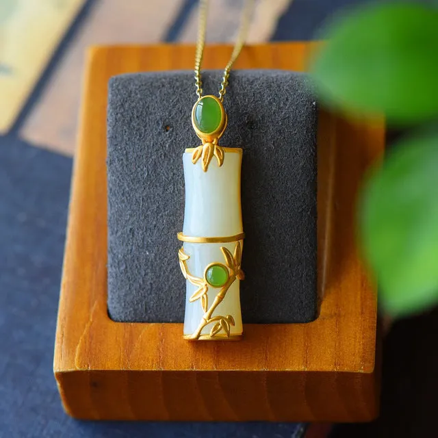 Natural White Hetian Jade Bamboo Cylinder Pendant Necklace