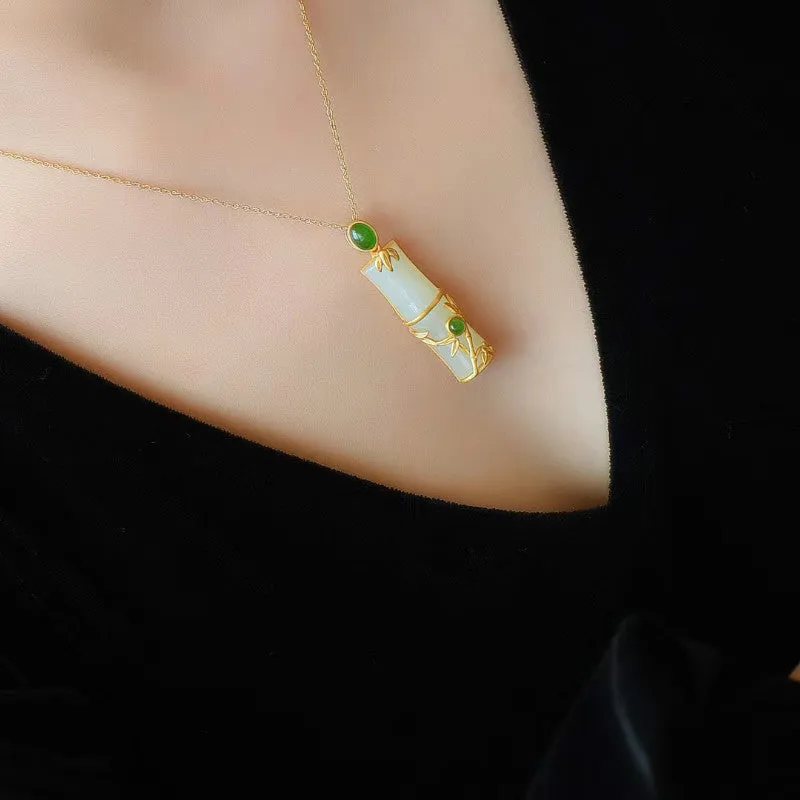 Natural White Hetian Jade Bamboo Cylinder Pendant Necklace