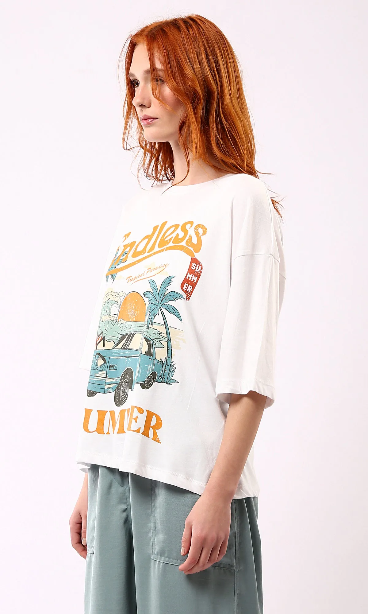 O178794 Printed "Endless Summer" Elbow Sleeves White Tee