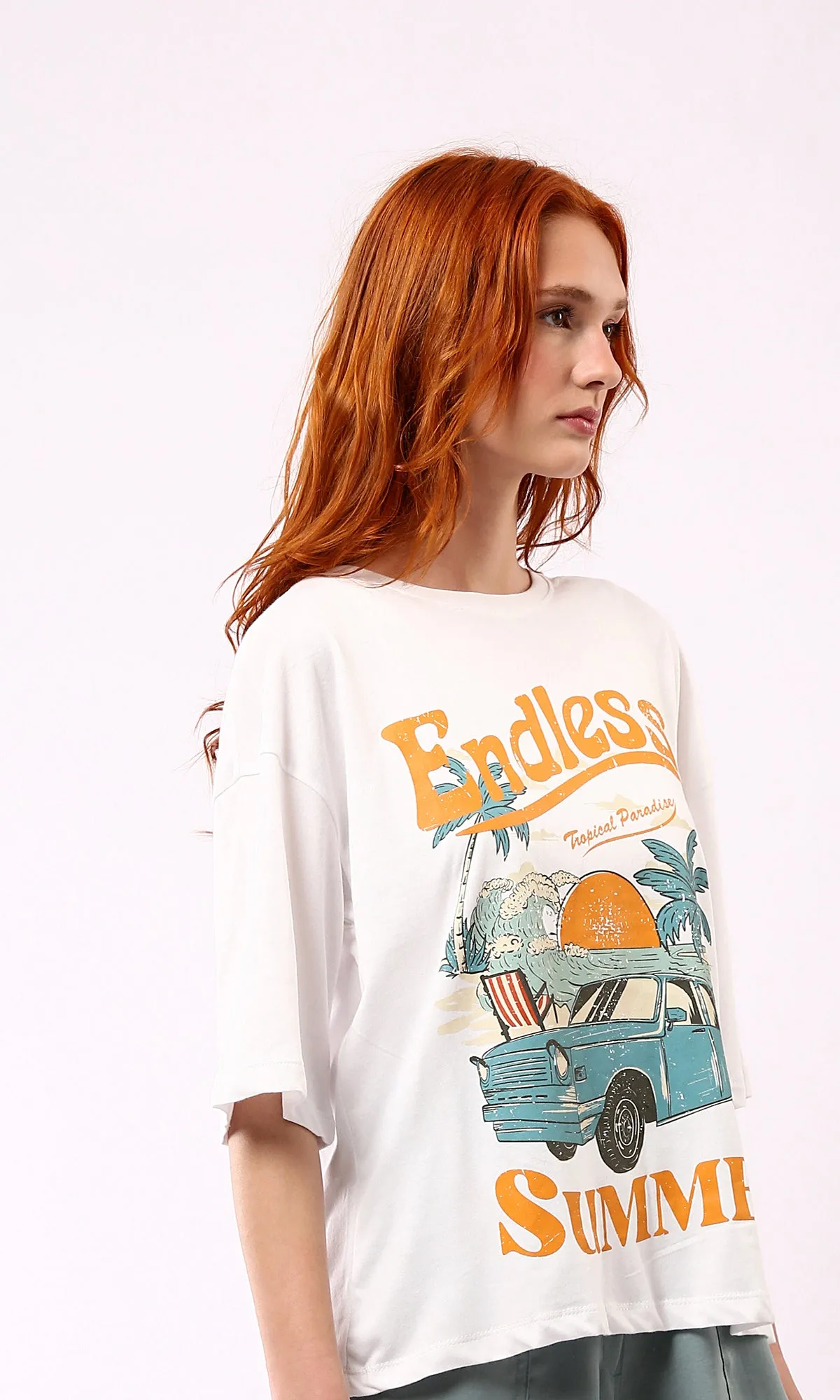 O178794 Printed "Endless Summer" Elbow Sleeves White Tee