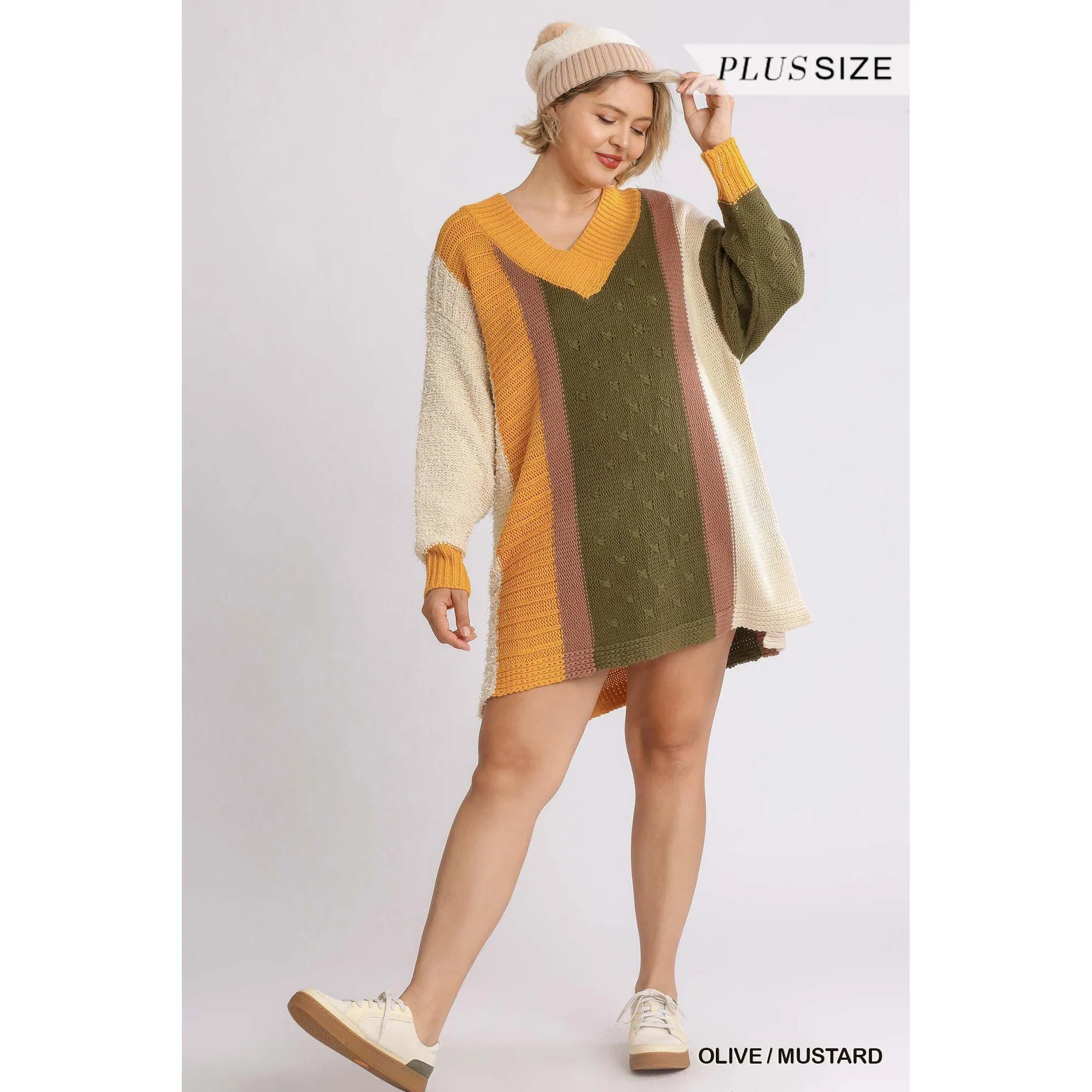 Oversized Multicolor Bouclé V-neck Pullover Sweater Dress With Side Slit