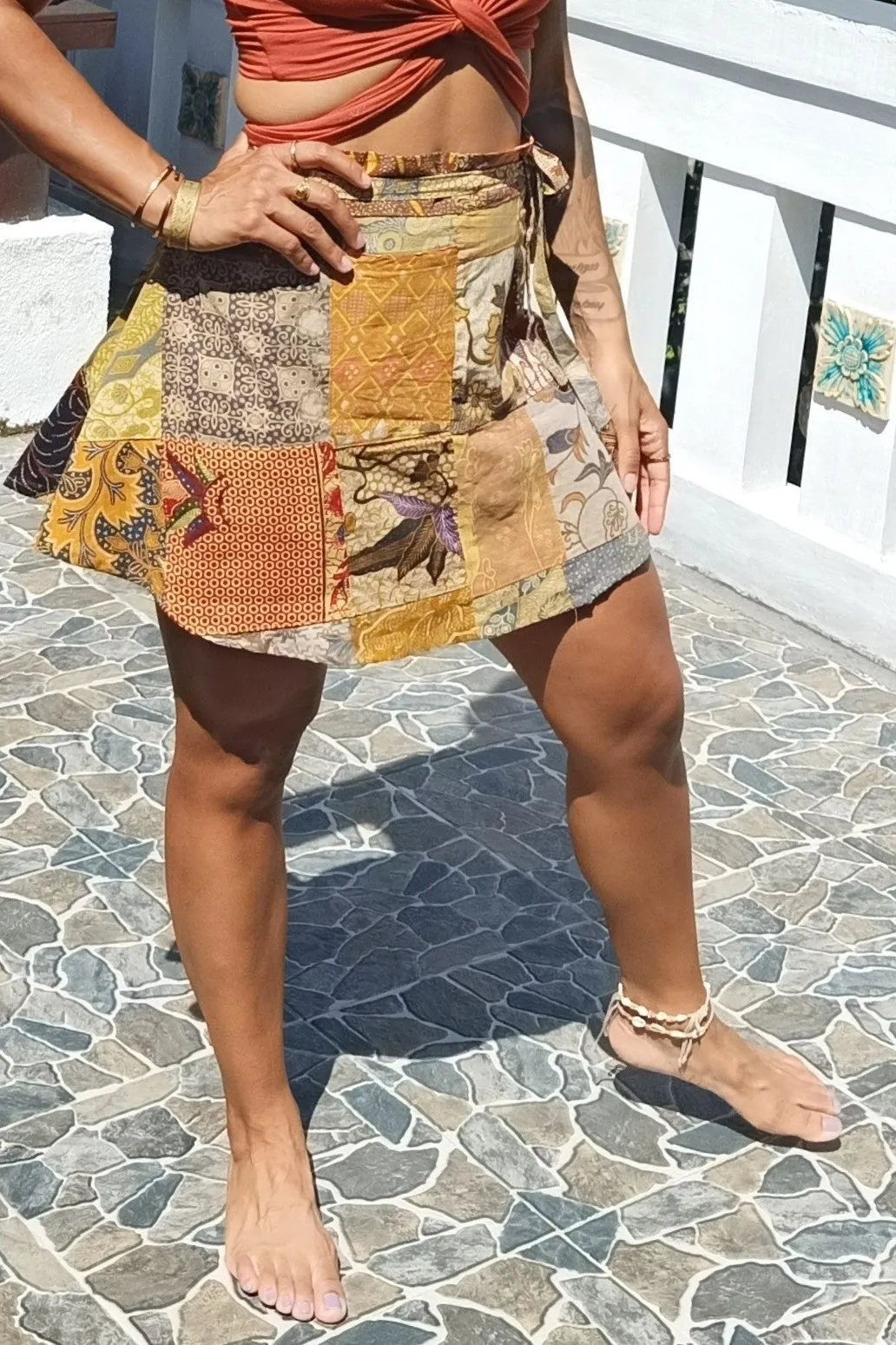 Patchwork Wrap Mini Skirt