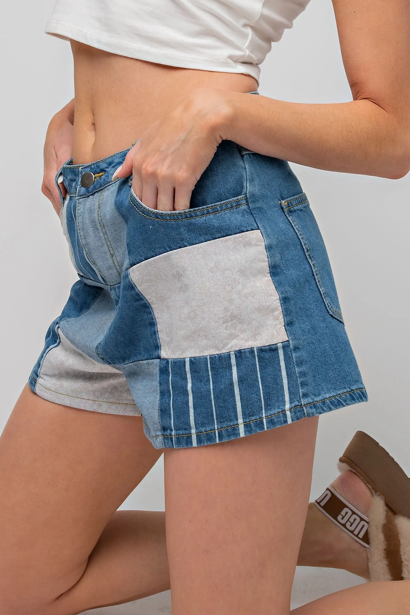 Patchworks Washed Denim Shorts