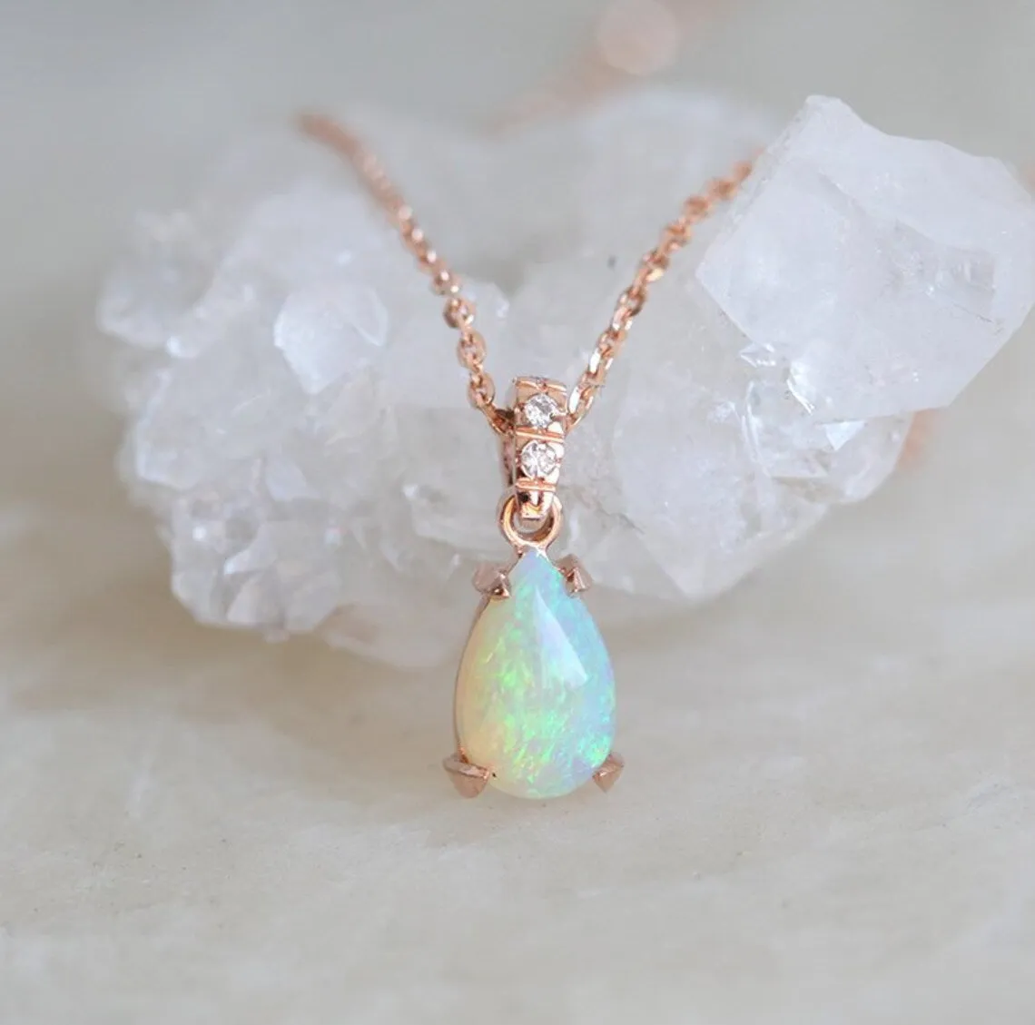 Pear Fire Opal Gold Necklace With Pave Diamonds