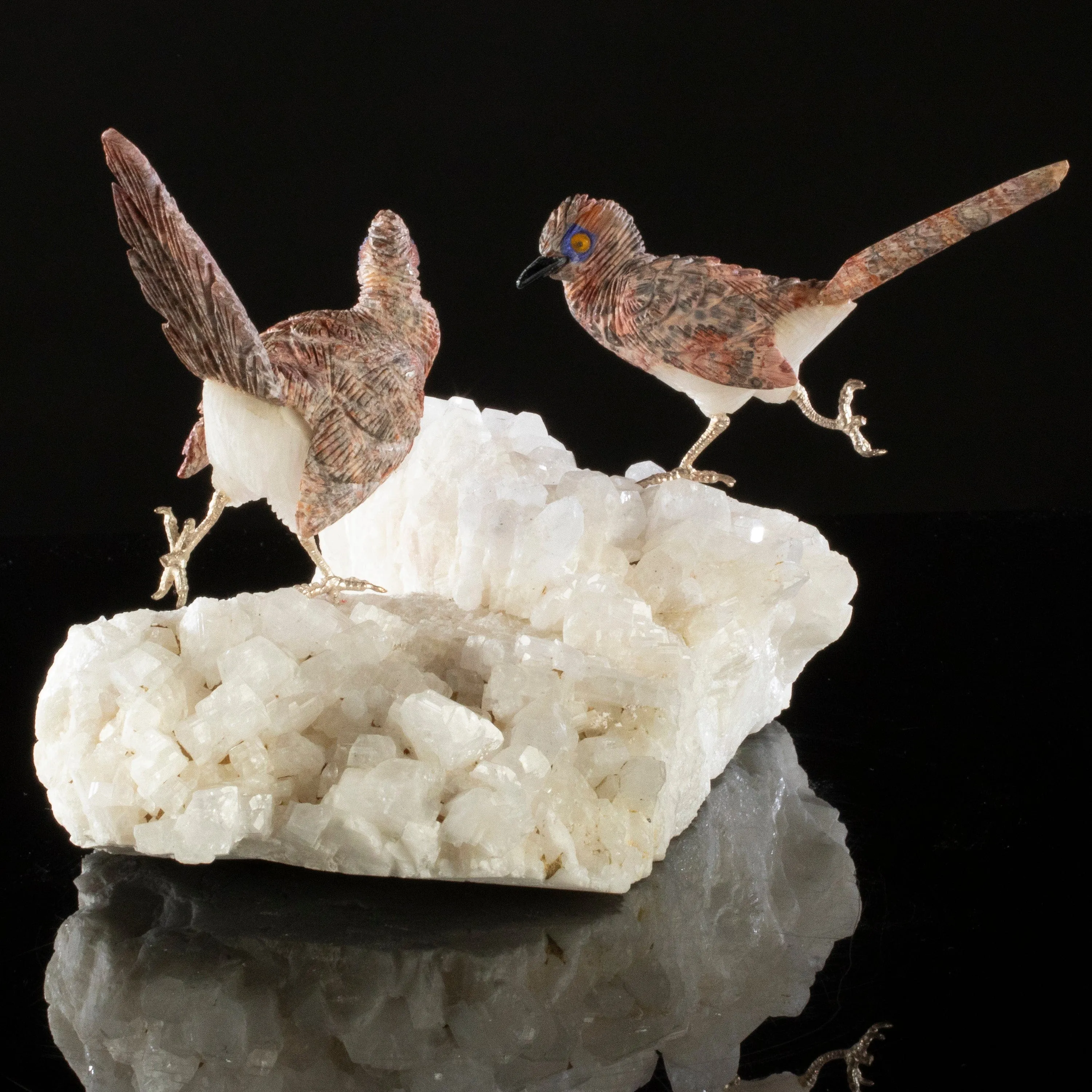 Peter Muller Leopardskin Jasper Roadrunner Love Birds Carving on Quartz Base