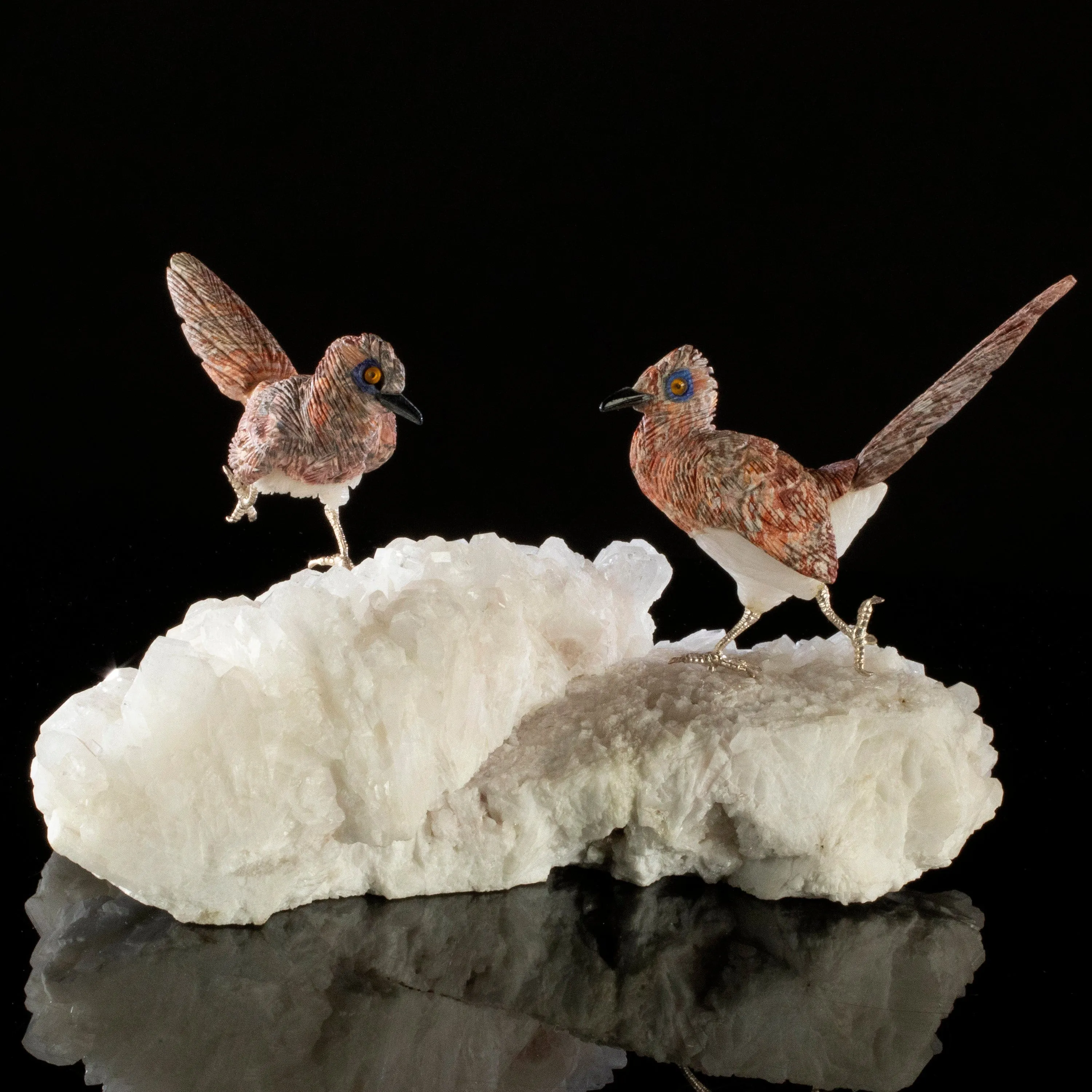 Peter Muller Leopardskin Jasper Roadrunner Love Birds Carving on Quartz Base