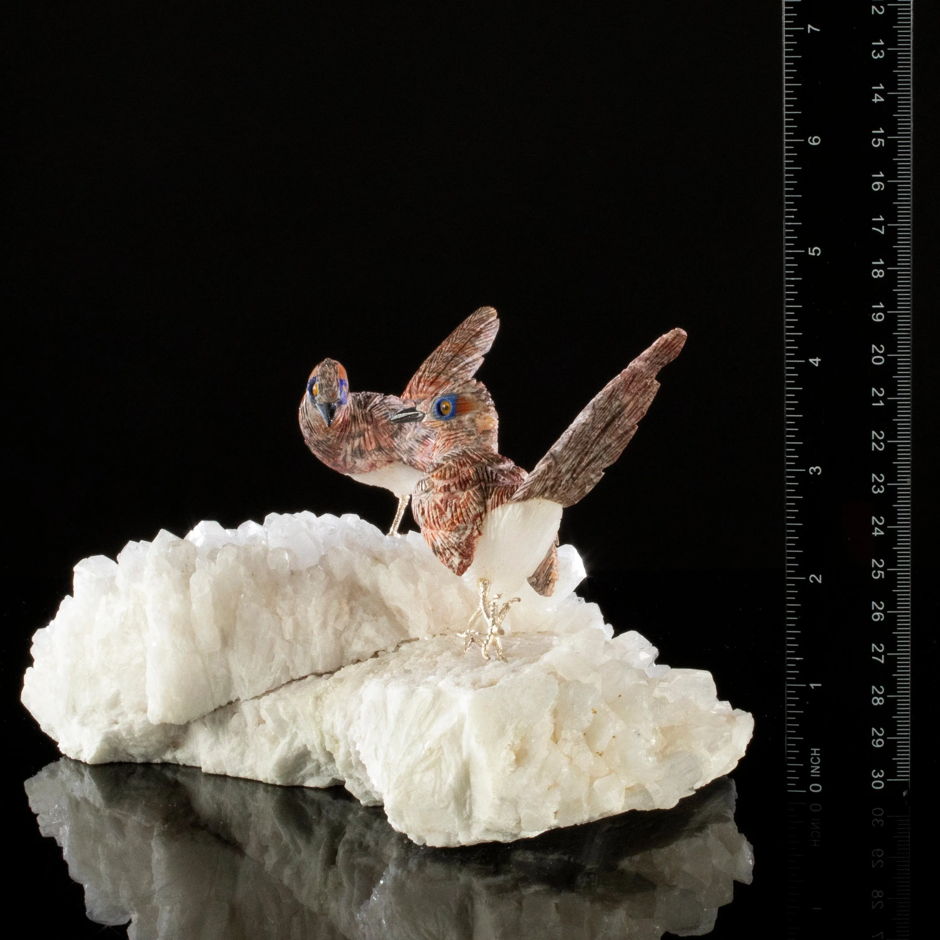 Peter Muller Leopardskin Jasper Roadrunner Love Birds Carving on Quartz Base