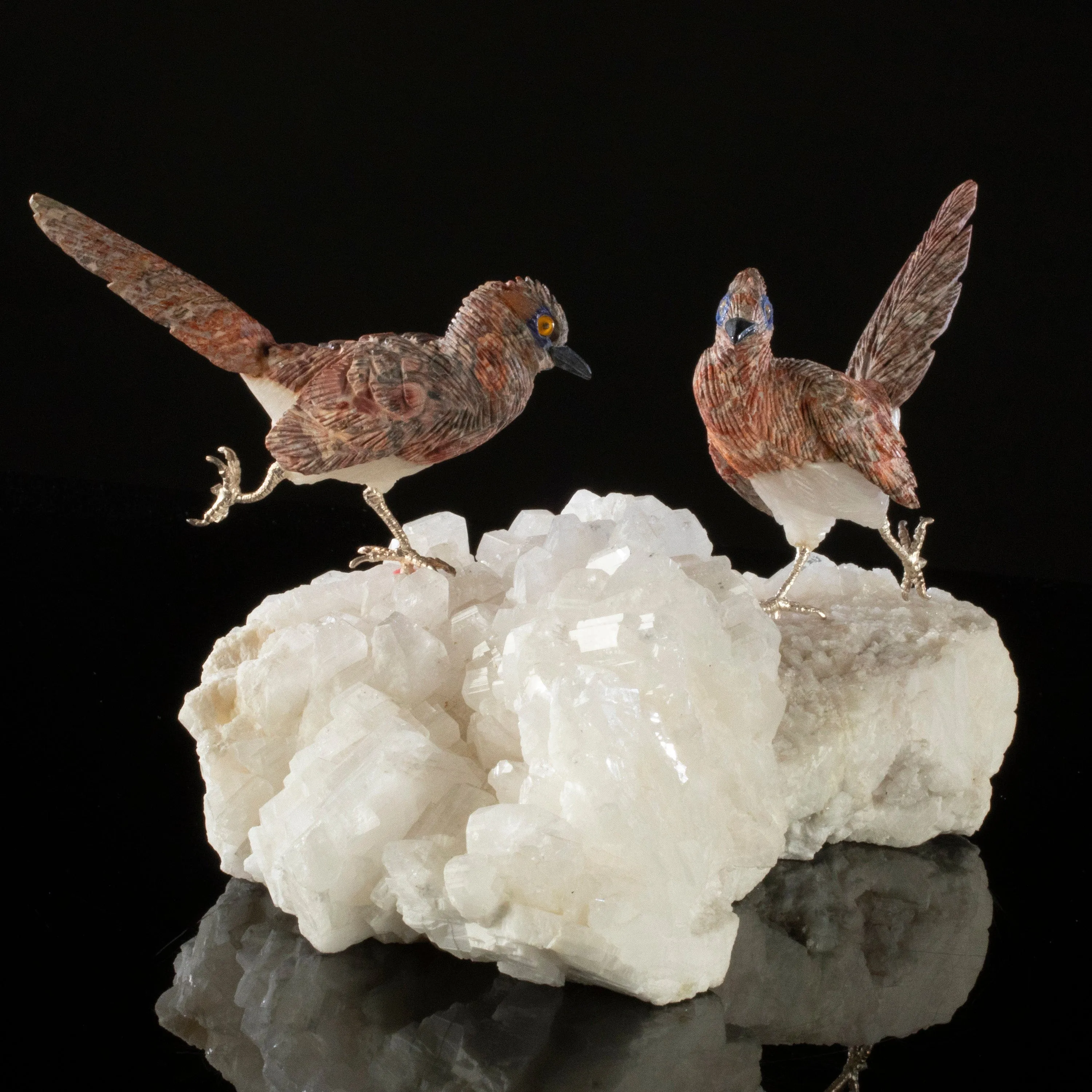 Peter Muller Leopardskin Jasper Roadrunner Love Birds Carving on Quartz Base