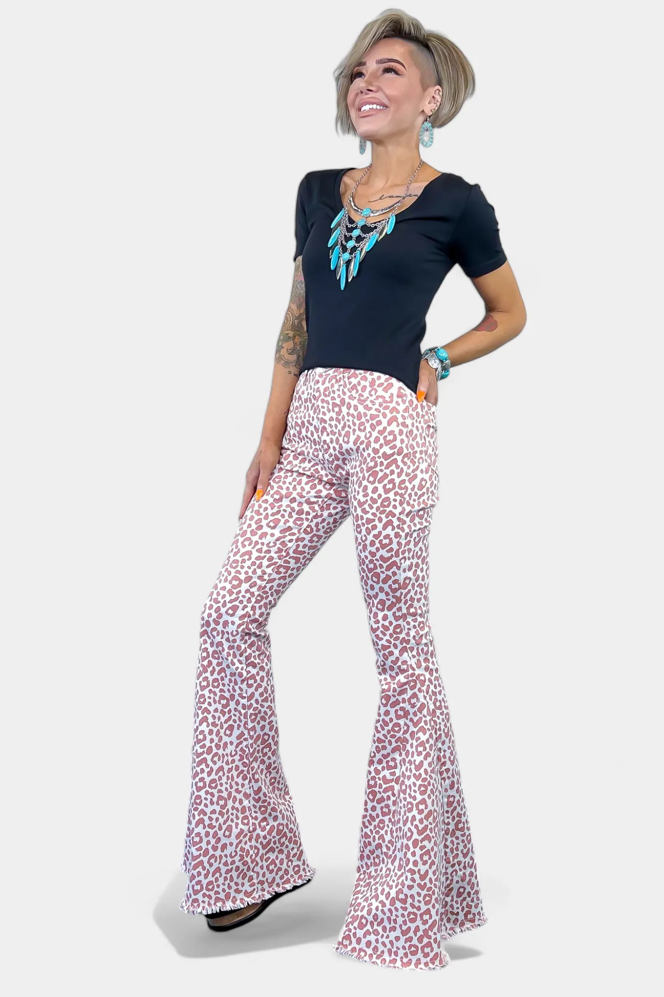 Pink Leopard Flared Jeans