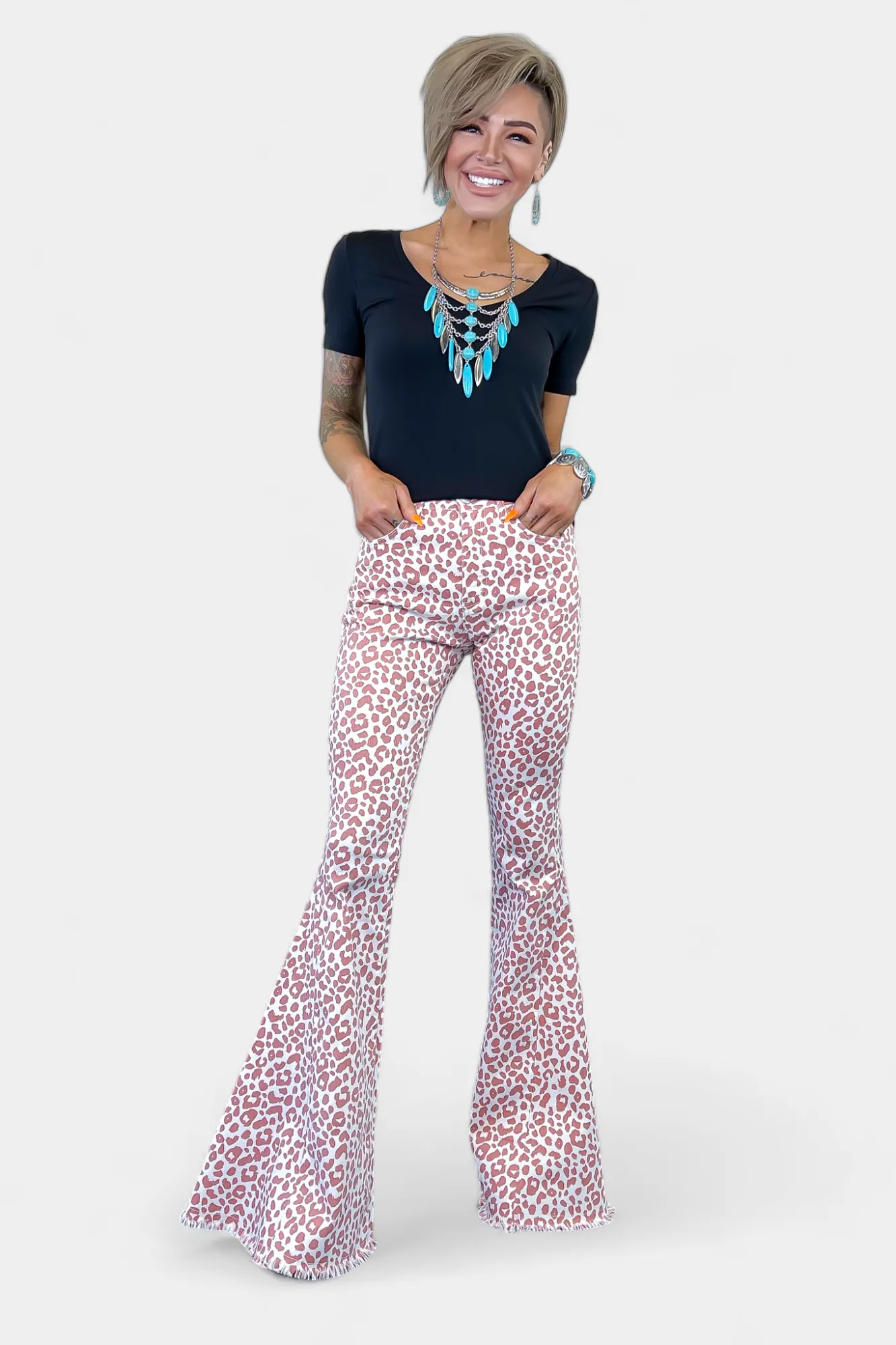 Pink Leopard Flared Jeans