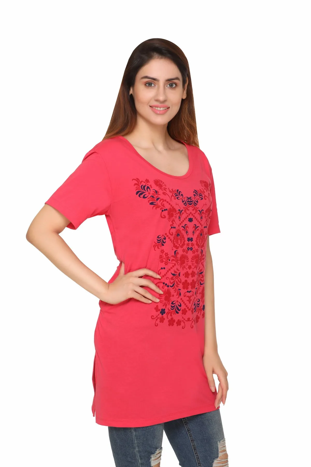 Plus Size Long T-shirt For Women - Half Sleeve - Punch Pink