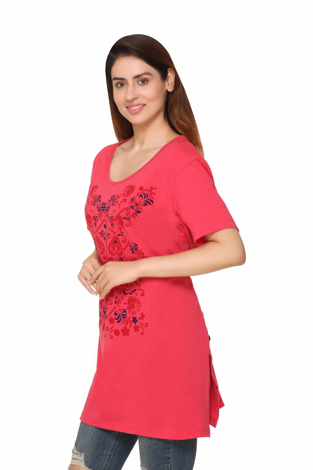 Plus Size Long T-shirt For Women - Half Sleeve - Punch Pink