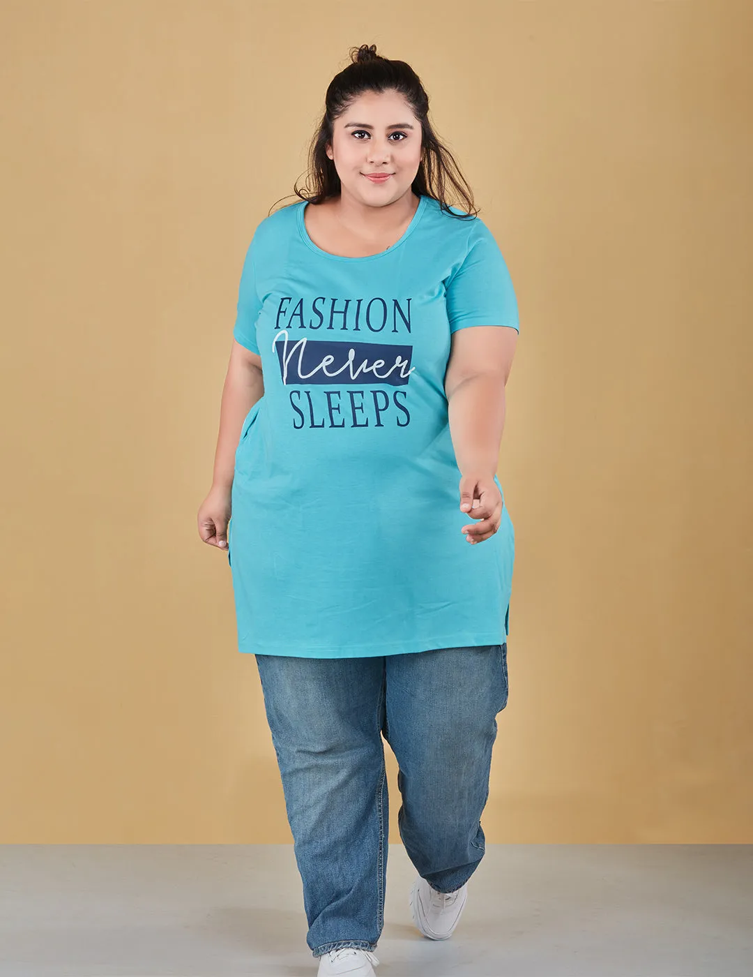 Plus Size Long T-shirt For Women - Half Sleeve - Turquoise