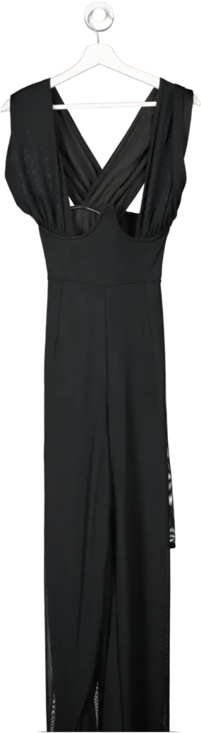 PrettyLittleThing Black Mesh Wrap Neck Tie Detail Wide Leg Jumpsuit UK 12