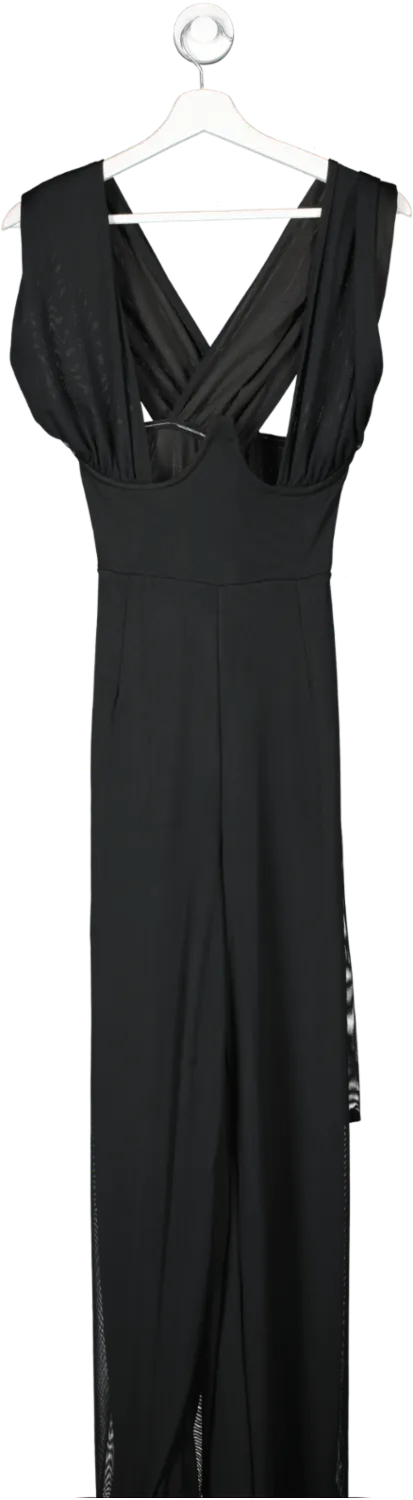 PrettyLittleThing Black Mesh Wrap Neck Tie Detail Wide Leg Jumpsuit UK 12