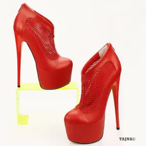 Red Faux Leather Fishnet High Platform Shoes