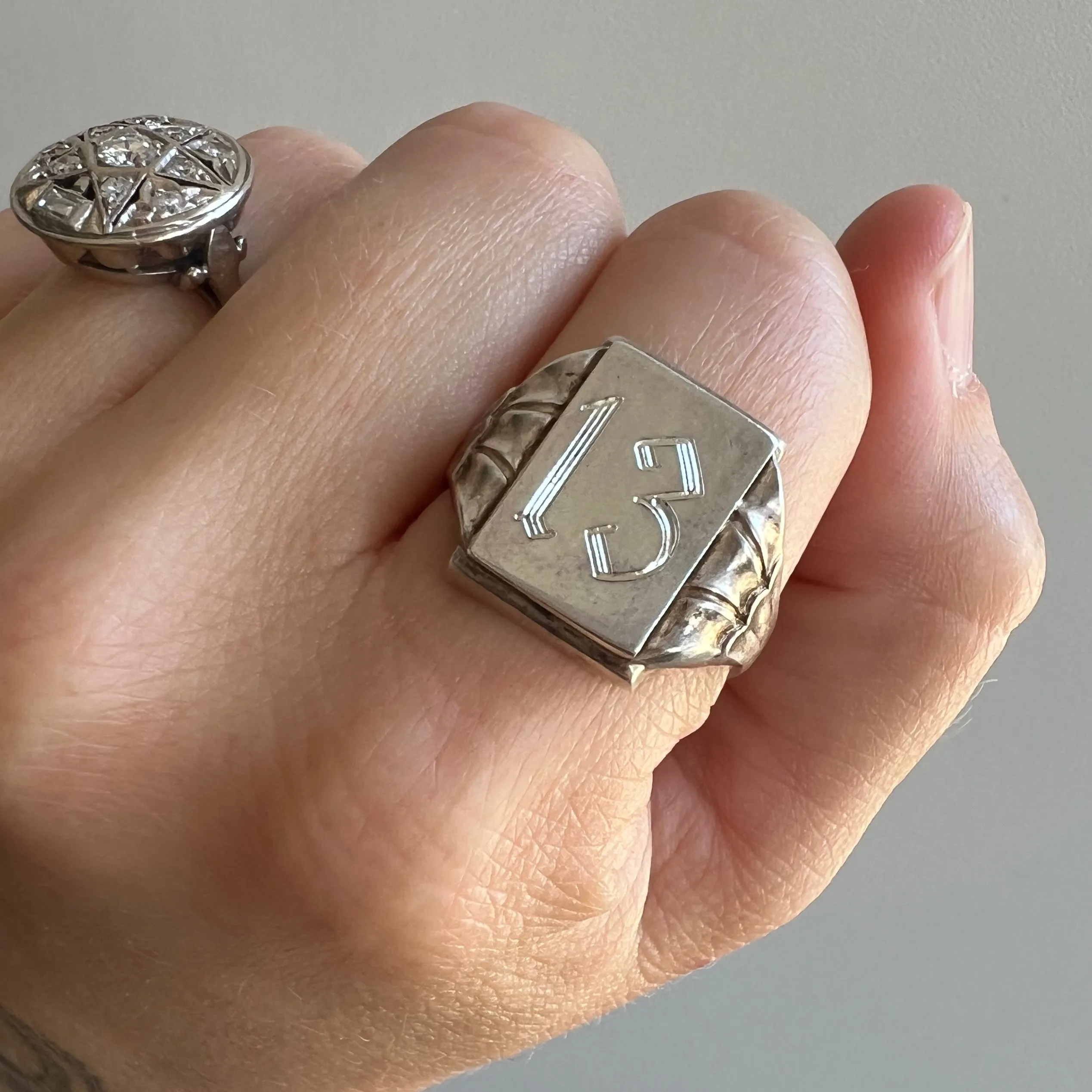 reimagined V I N T A G E // lucky 13 / 800 silver signet ring with new engraving / size 8.5-ish