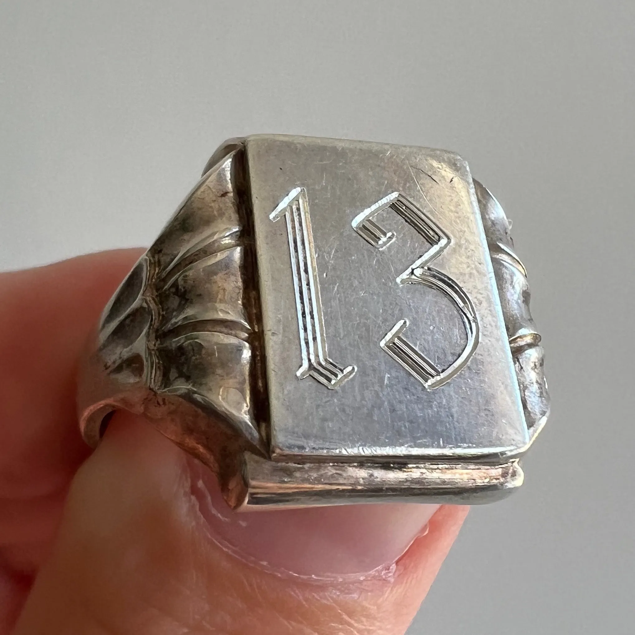 reimagined V I N T A G E // lucky 13 / 800 silver signet ring with new engraving / size 8.5-ish