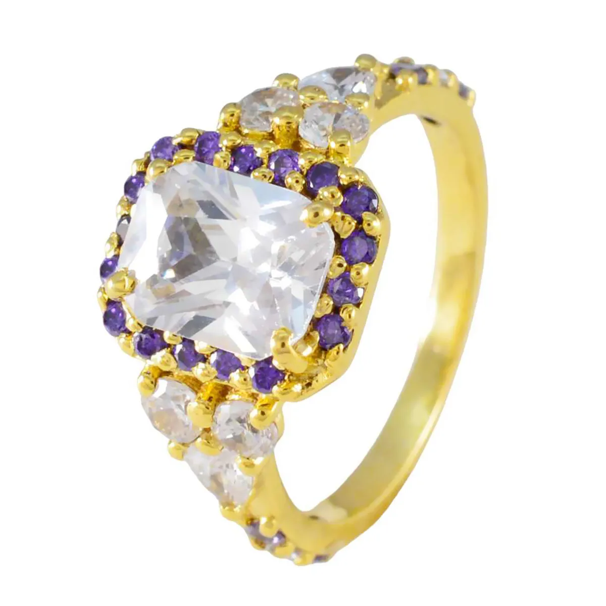 Riyo Best Silver Ring With Yellow Gold Plating Amethyst Stone Octagon Shape Prong Setting Antique Jewelry Cocktail Ring