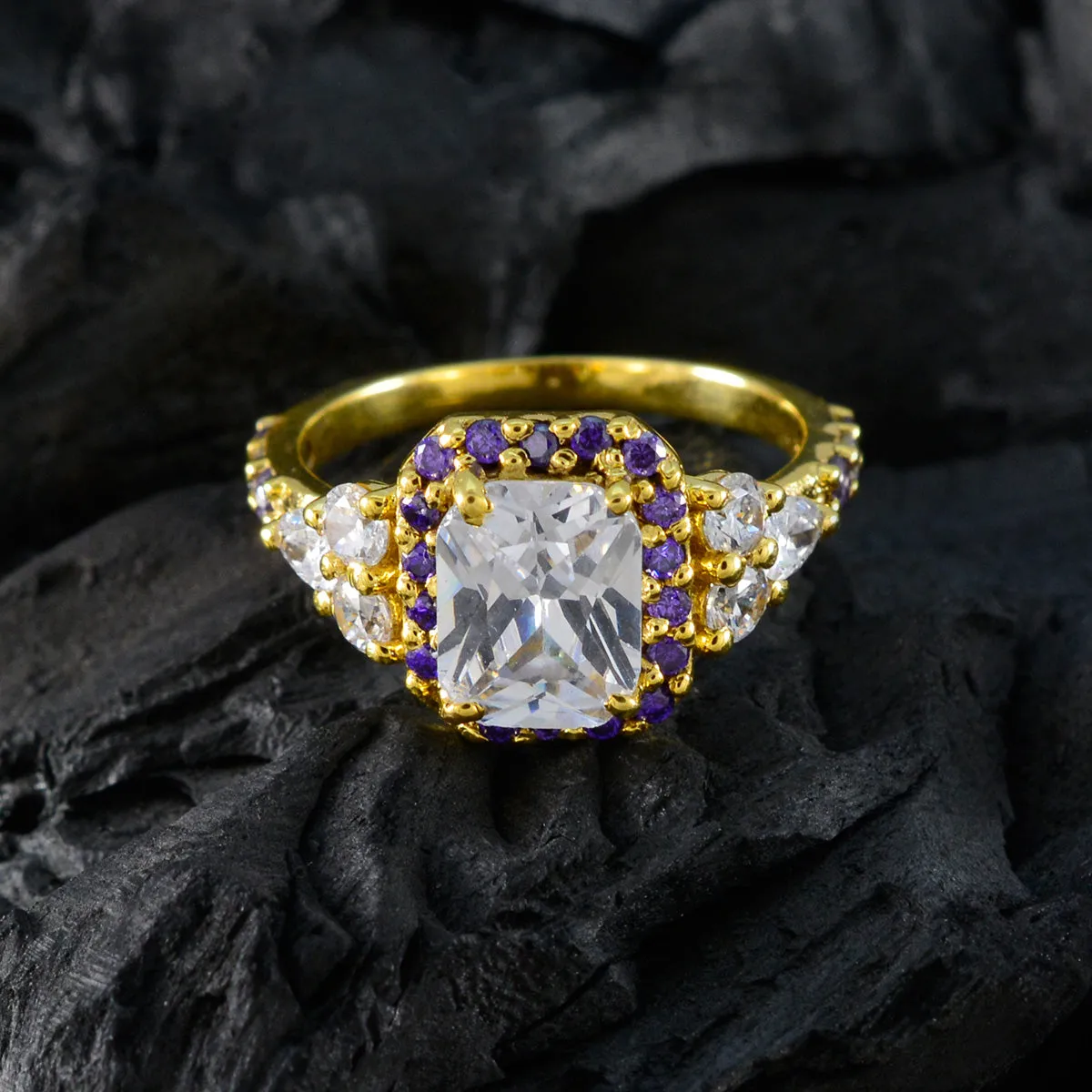 Riyo Best Silver Ring With Yellow Gold Plating Amethyst Stone Octagon Shape Prong Setting Antique Jewelry Cocktail Ring