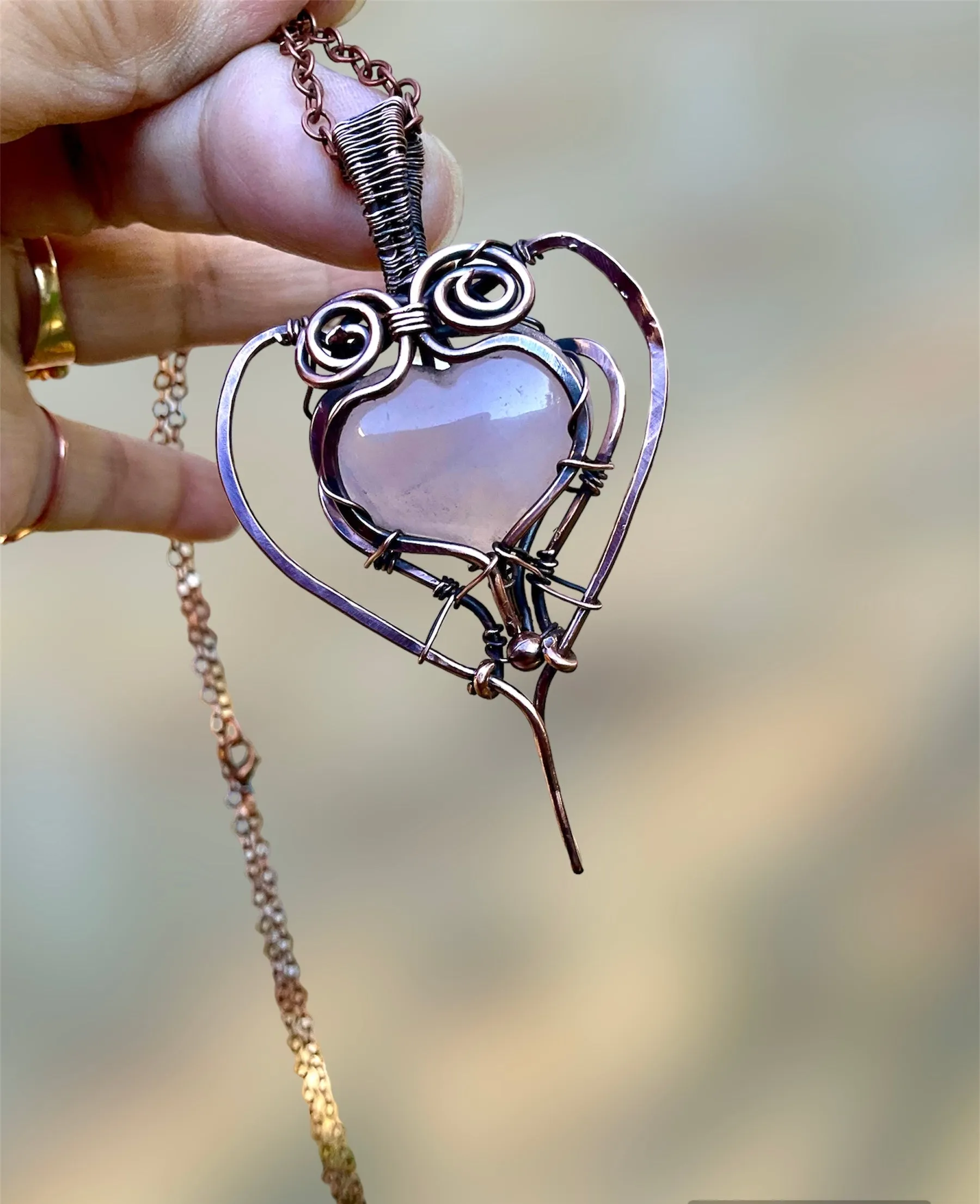 Rose Quartz Puffy Heart Wire Wrapped Pendant