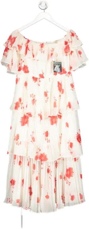 Self-Portrait White White/red Tiered Floral Chiffon Dress UK 12