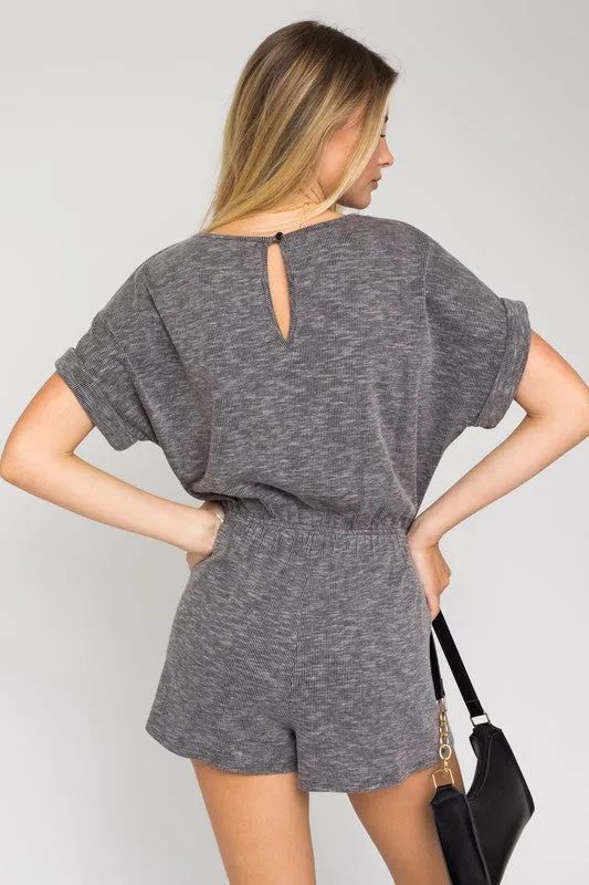 SHORT ROLL-UP SLEEVE ELASTIC WAIST ROMPER