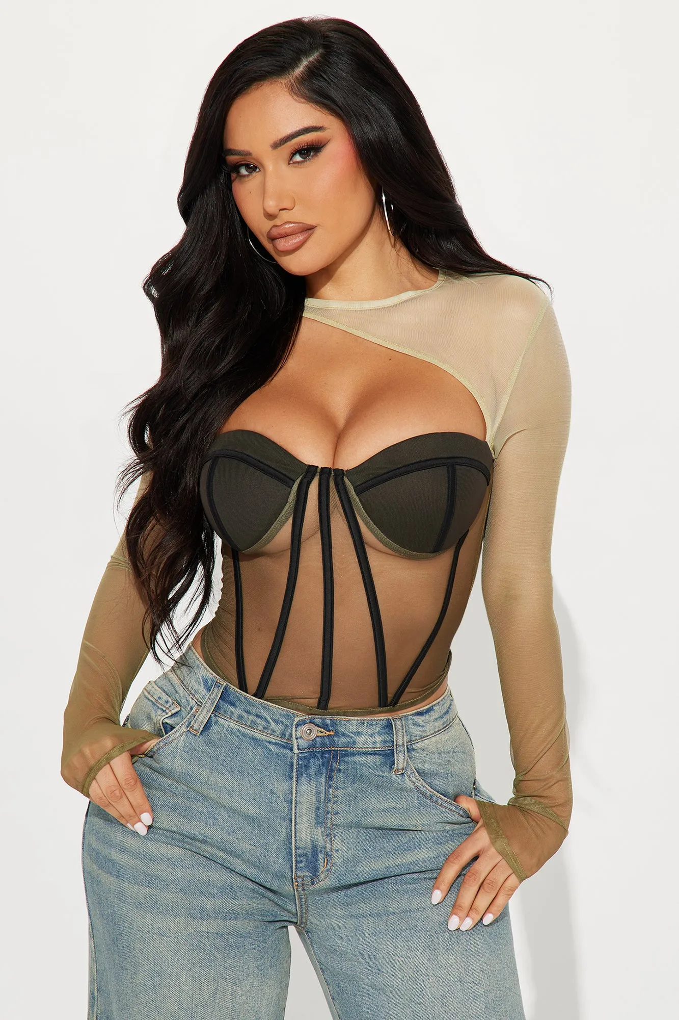 Sights On Me Mesh Top - Olive/combo