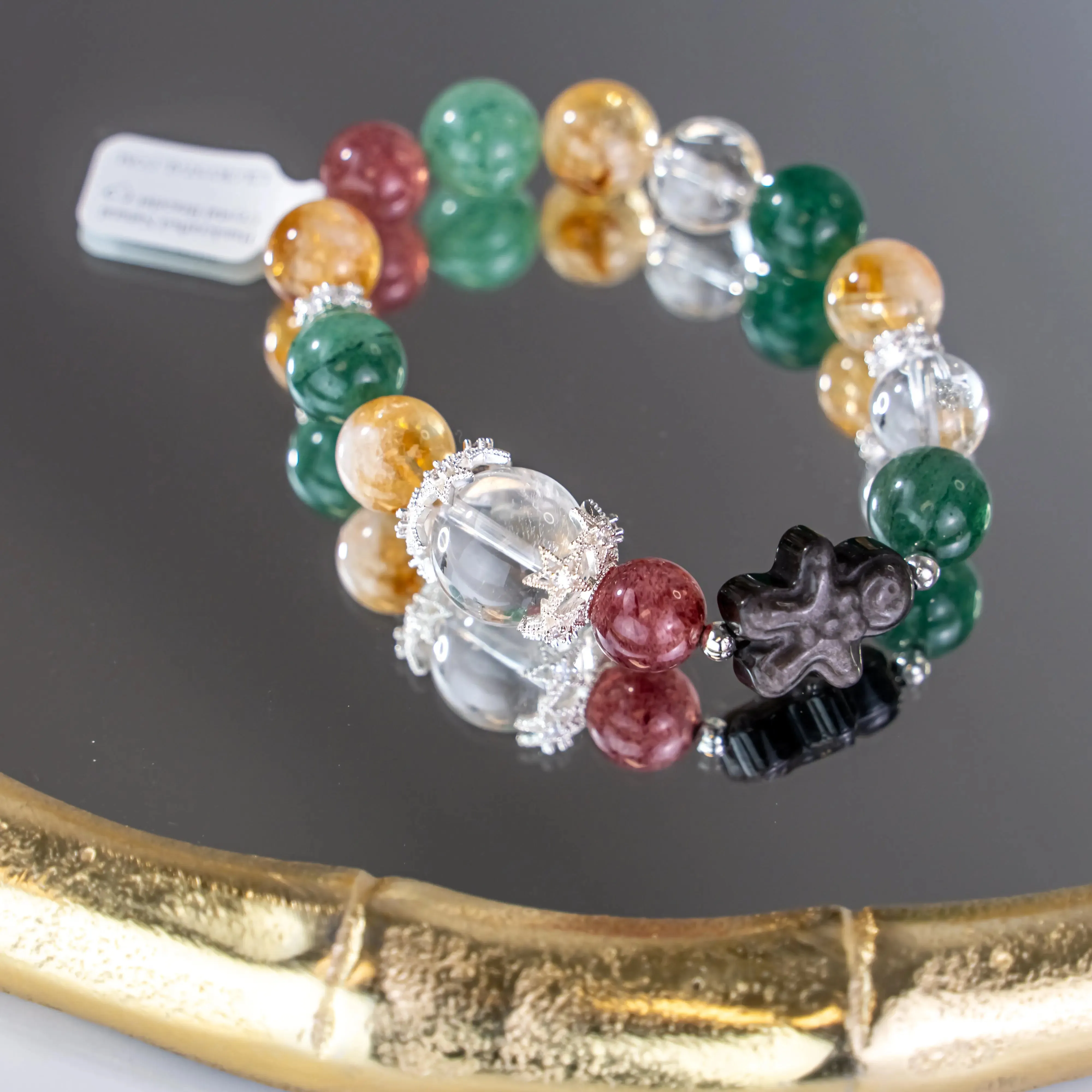 Silver Obsidian Gingerbread Man Citrine Strawberry Quartz Bracelet