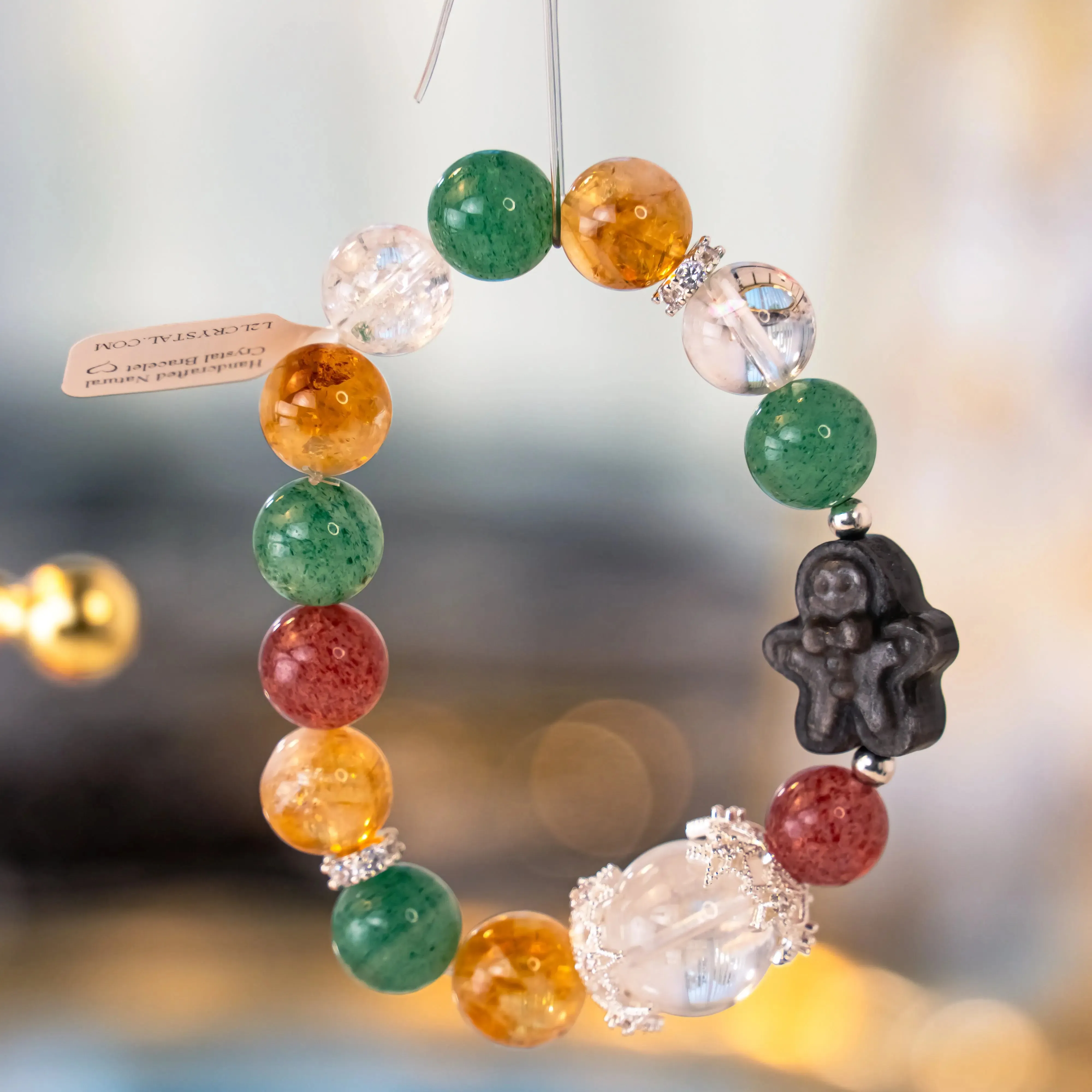 Silver Obsidian Gingerbread Man Citrine Strawberry Quartz Bracelet