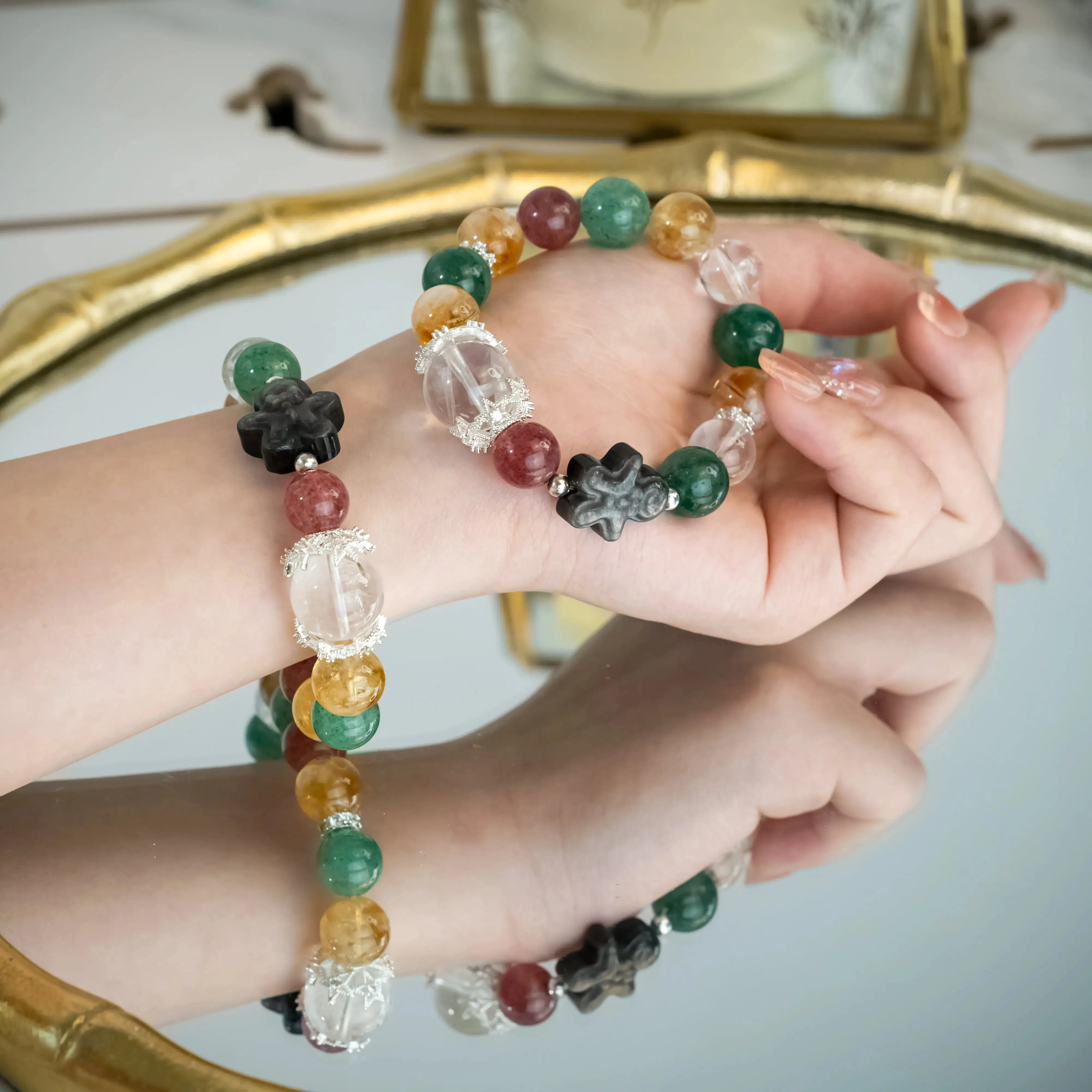 Silver Obsidian Gingerbread Man Citrine Strawberry Quartz Bracelet