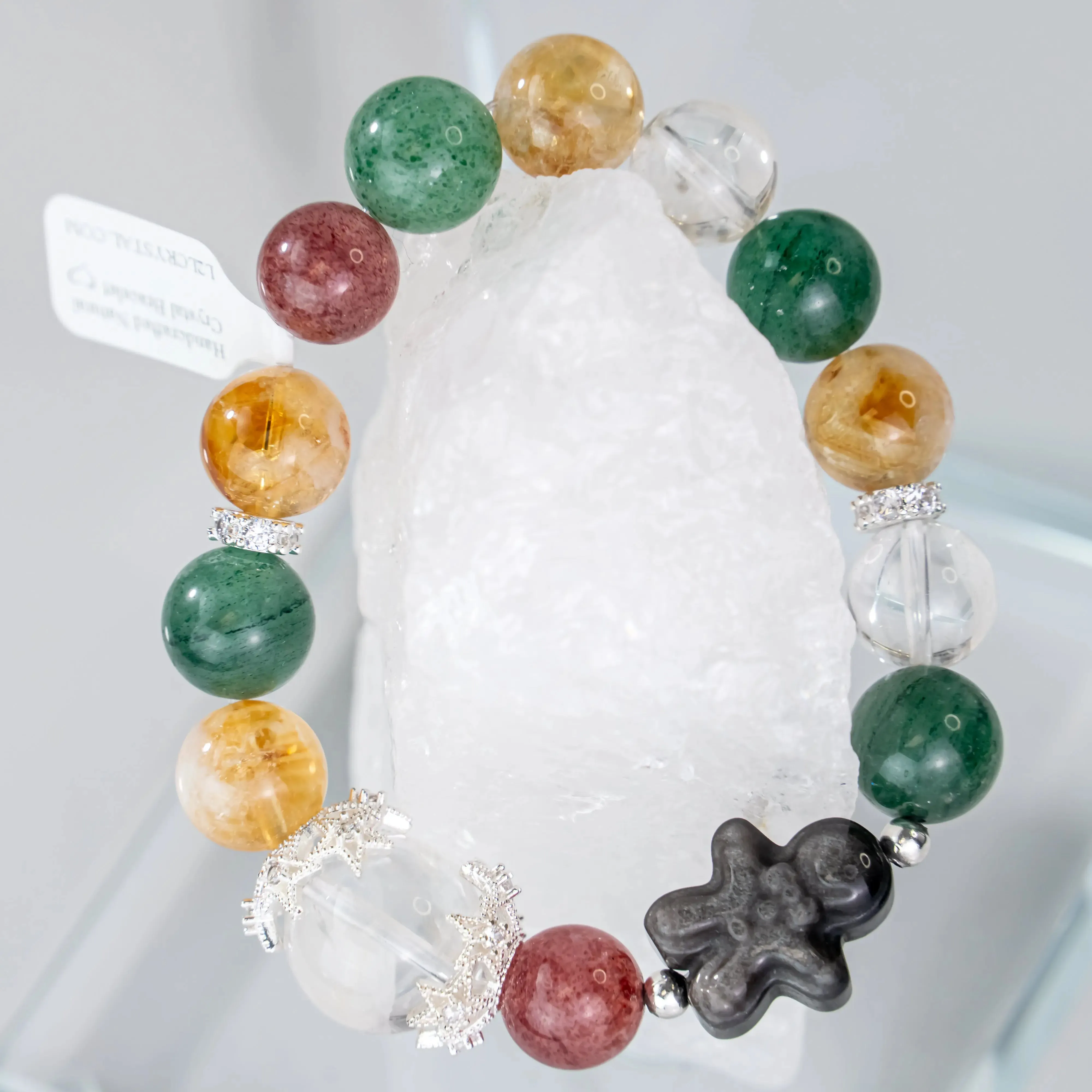 Silver Obsidian Gingerbread Man Citrine Strawberry Quartz Bracelet