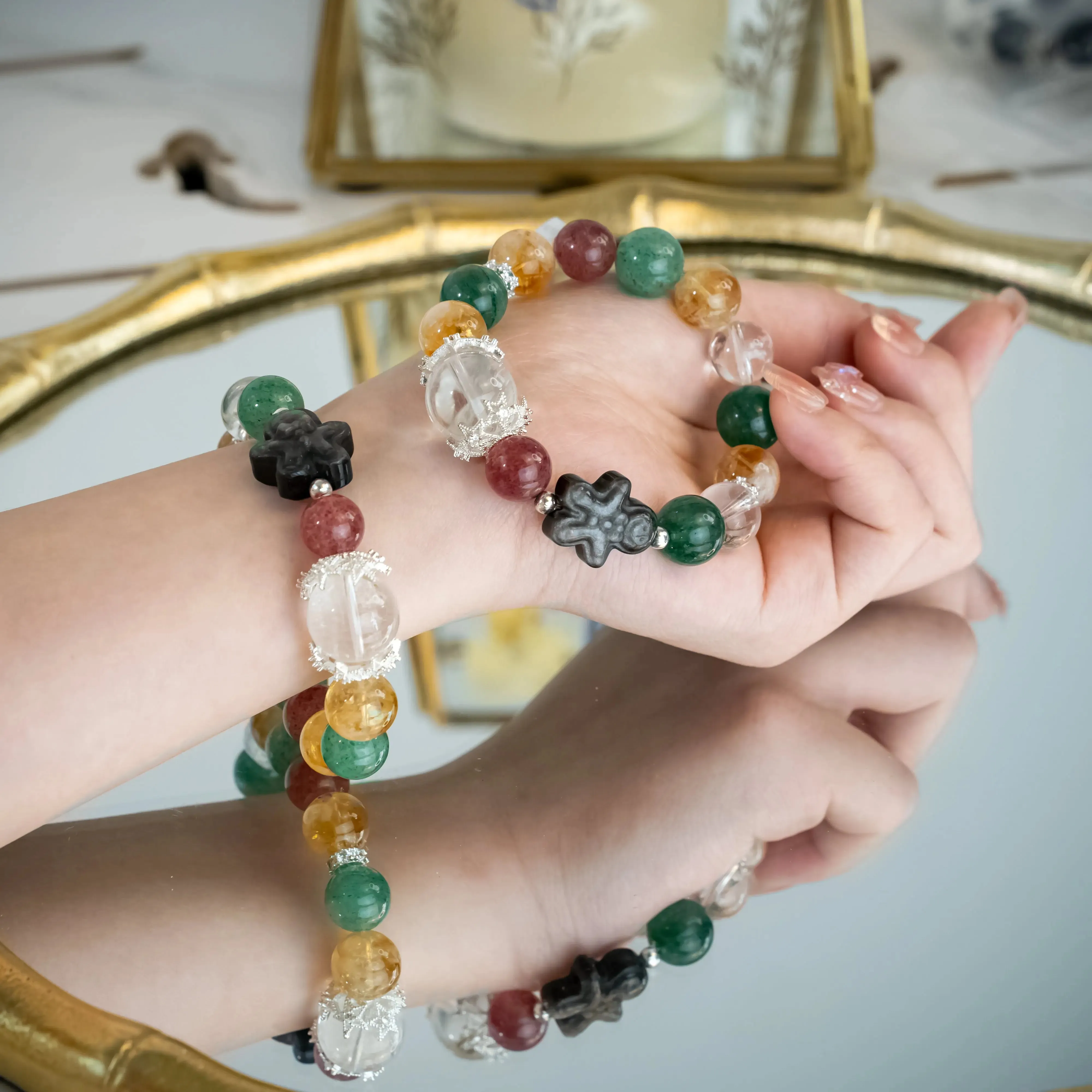 Silver Obsidian Gingerbread Man Citrine Strawberry Quartz Bracelet