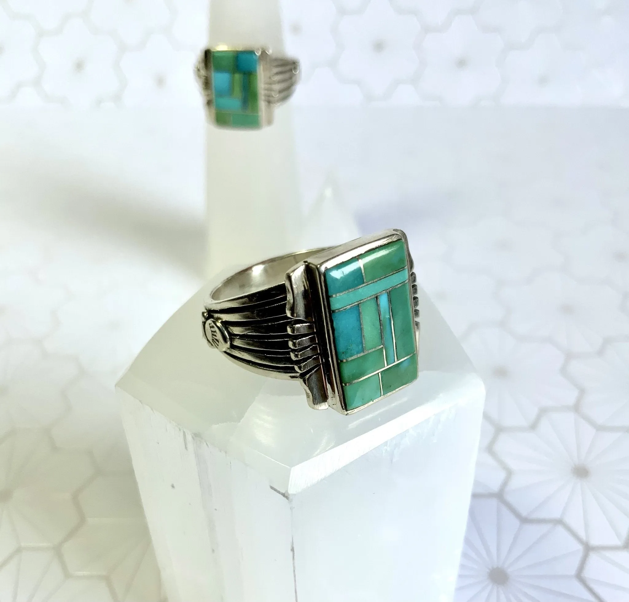 Sun Catcher Green and Blue Turquoise Inlay Ring