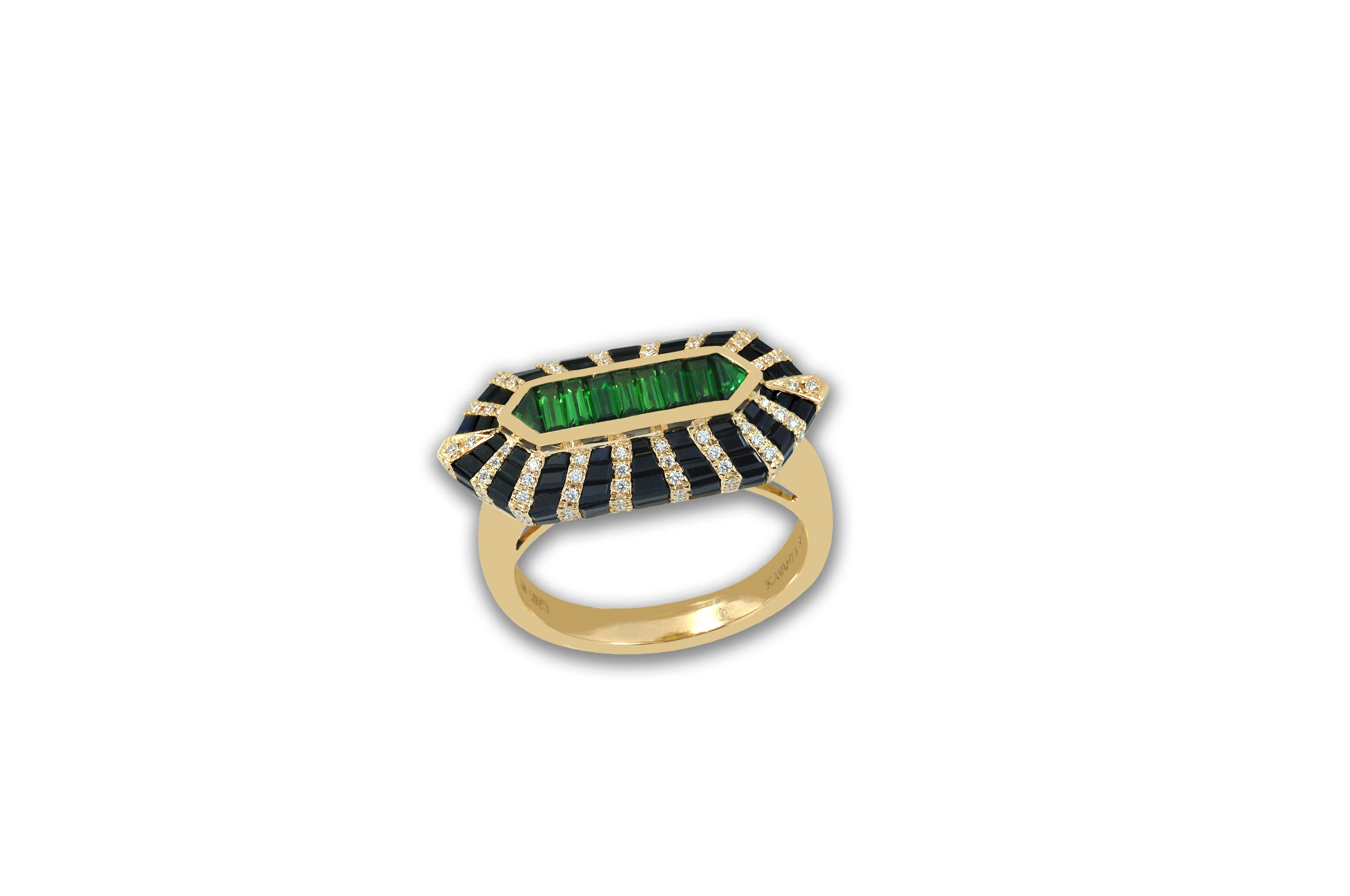 Twist Double Bullet Tsavorite Garnet, Black Sapphire & Diamond Ring