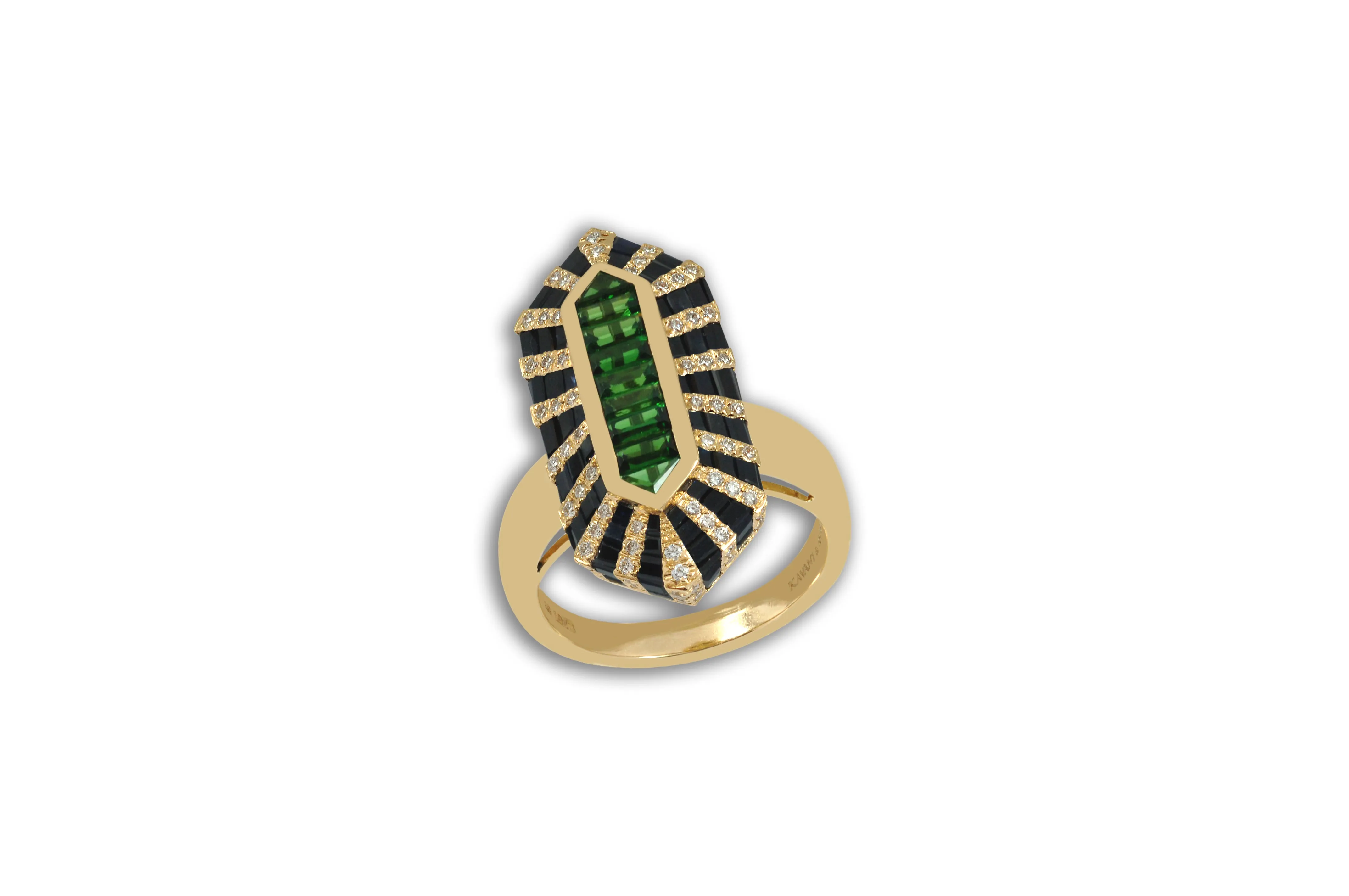 Twist Double Bullet Tsavorite Garnet, Black Sapphire & Diamond Ring