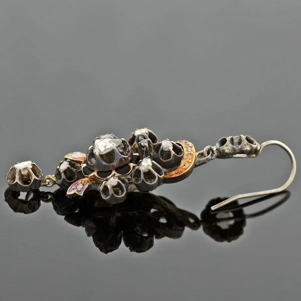 Victorian Dramatic Silver & 14kt Rose Cut Earrings