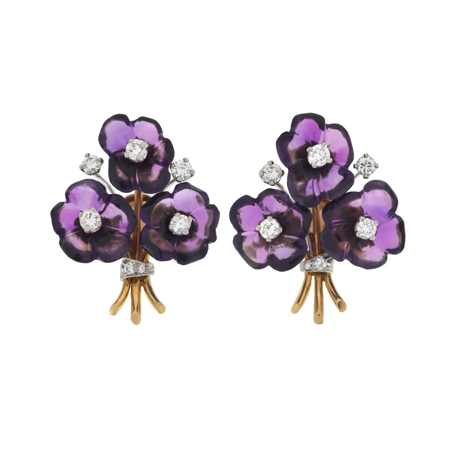 Vintage 18kt Carved Amethyst   Diamond Flower Bouquet Screw Back Stud Earrings