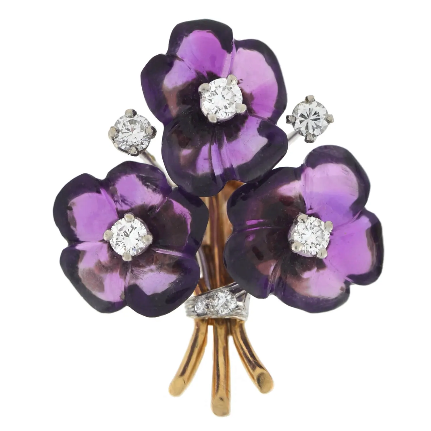 Vintage 18kt Carved Amethyst   Diamond Flower Bouquet Screw Back Stud Earrings