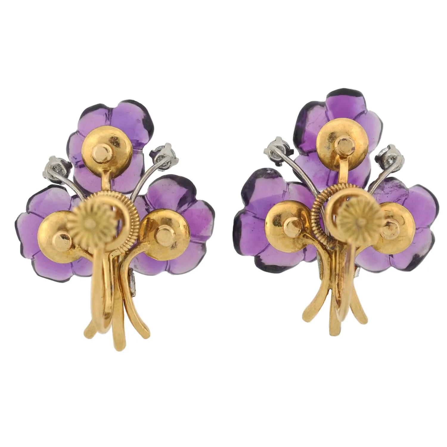 Vintage 18kt Carved Amethyst   Diamond Flower Bouquet Screw Back Stud Earrings