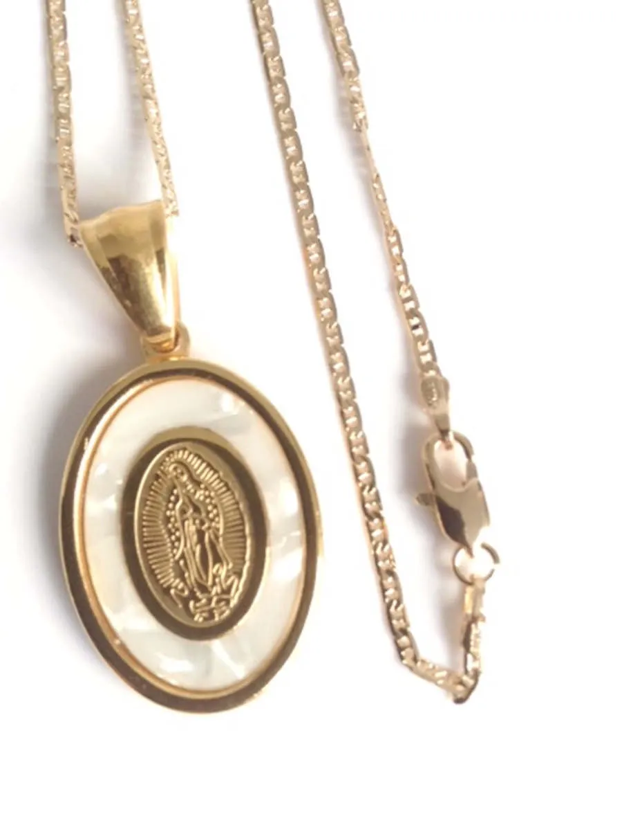 Virgen de Guadalupe Mother of Pearl Stainless Steel Medal Necklace