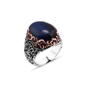 Wavy Pattern Around Domic Ellipse Blue Tiger Eye Stone Silver Men's Ring