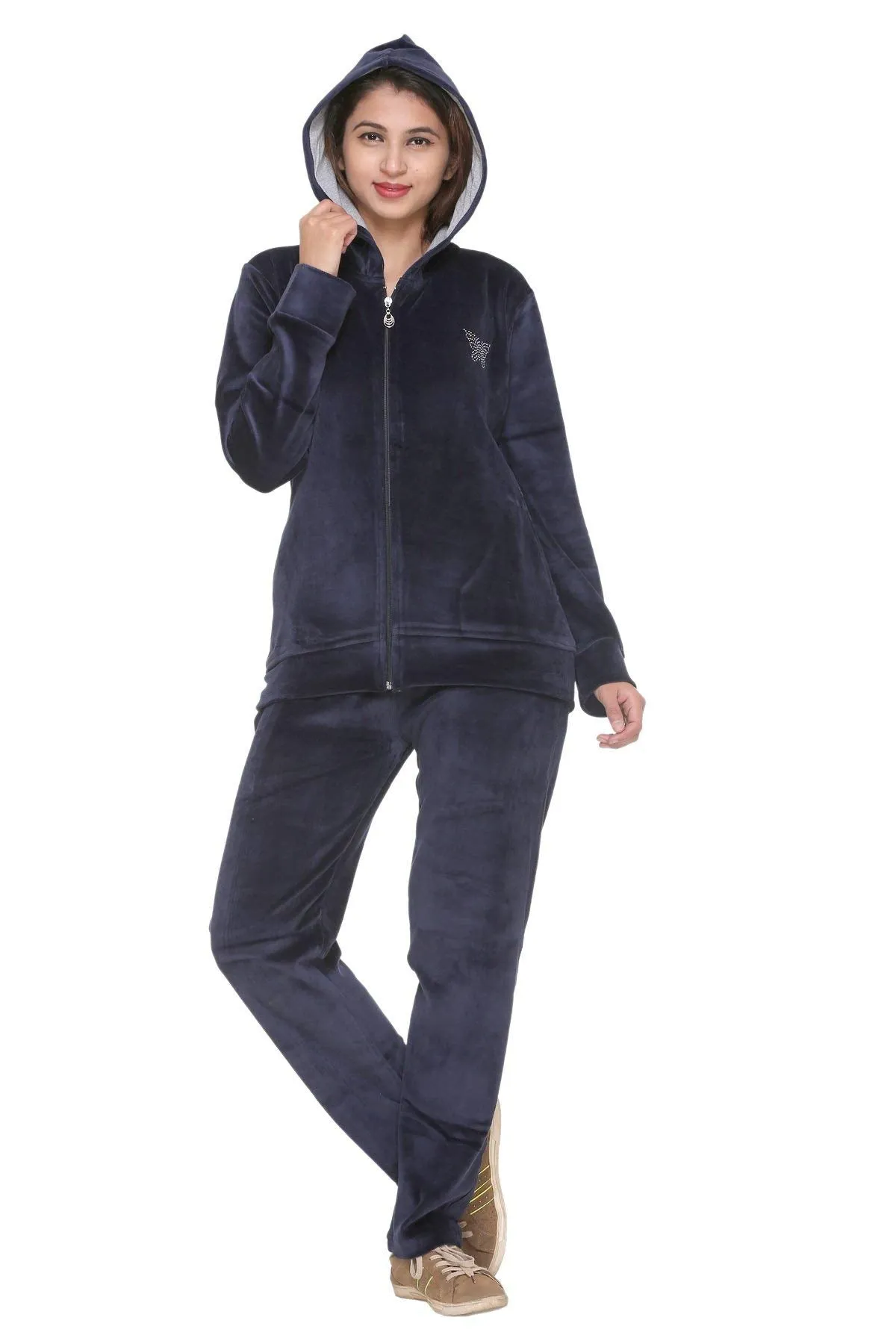 Winter Cotton Velvet Tracksuit For Women - Navy Blue