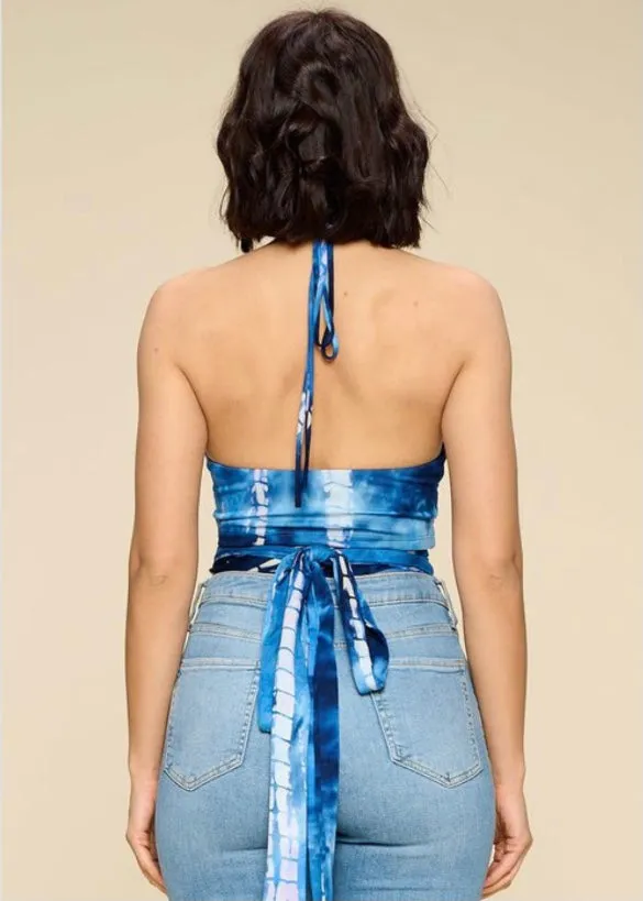 WinWin Open Back Wrap Around Tie Dye Top (Navy/Aqua) WT12551