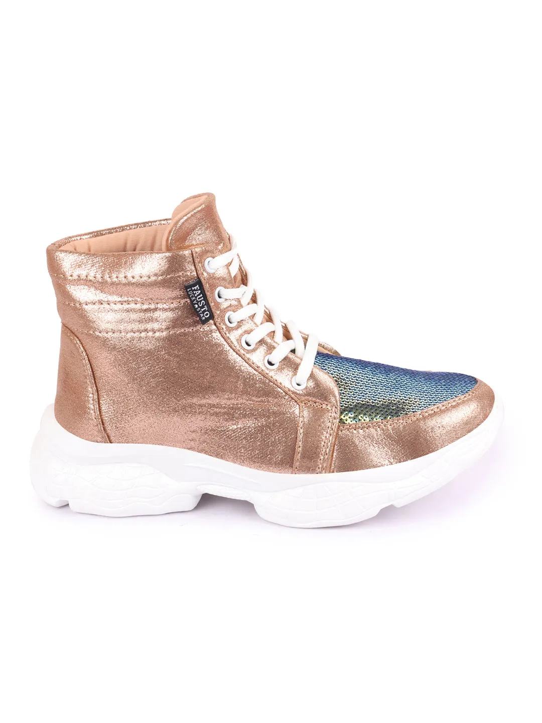 Women Golden High Ankle Lace Up Embellished Sneakers