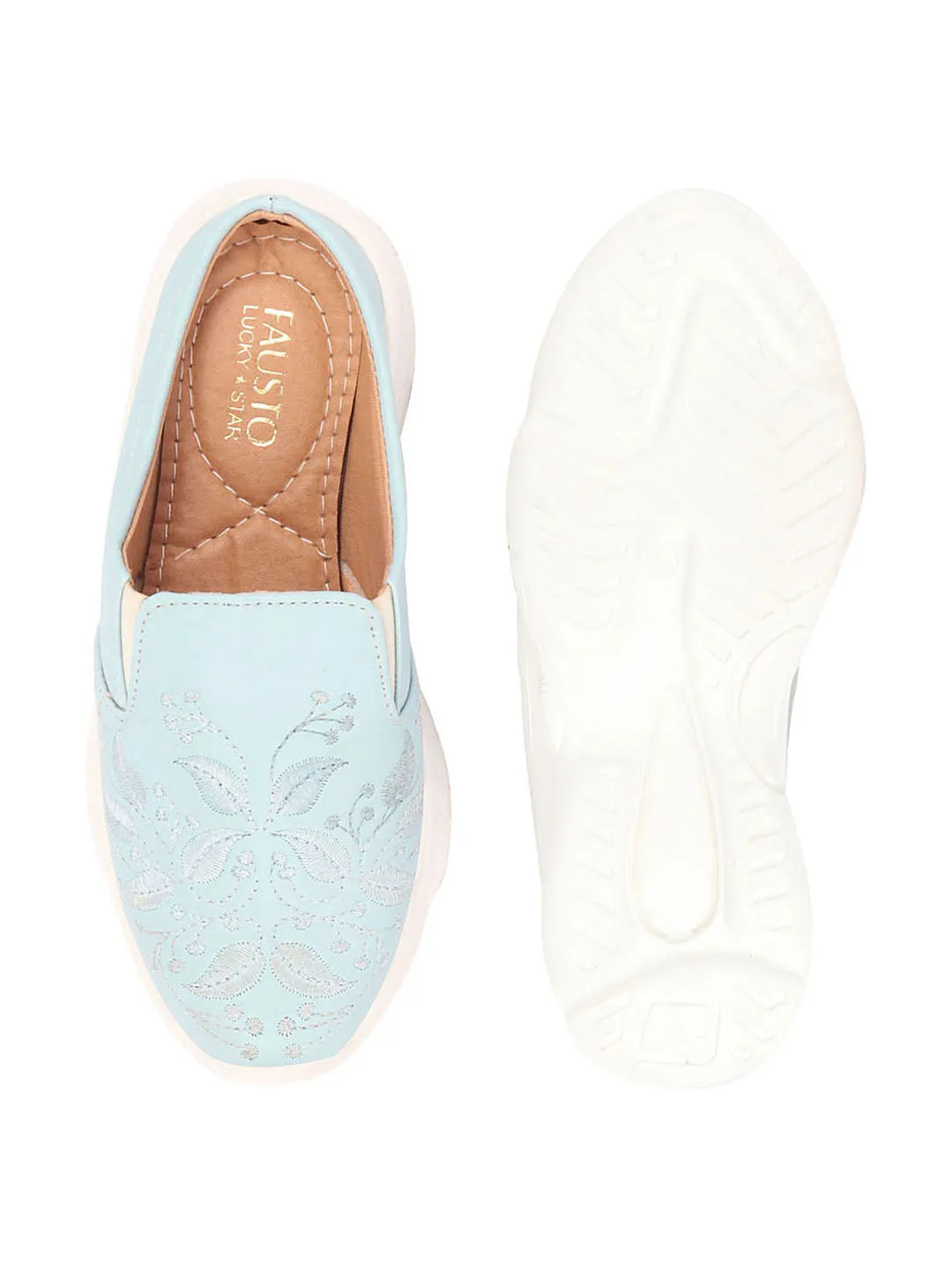 Women Sky Blue Leaf Print Embroidery Design Back Open Slip On Mules Shoes