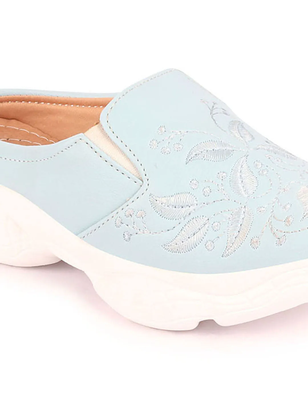 Women Sky Blue Leaf Print Embroidery Design Back Open Slip On Mules Shoes