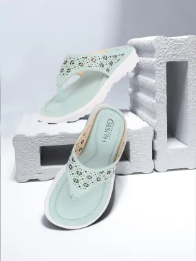 Women Sky Blue Party Fashion Stylish Laser Cut Design Strap Thong Flats Wedges Slipper