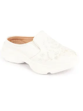 Women White Floral Print Embroidery Design Back Open Slip On Mules Shoes